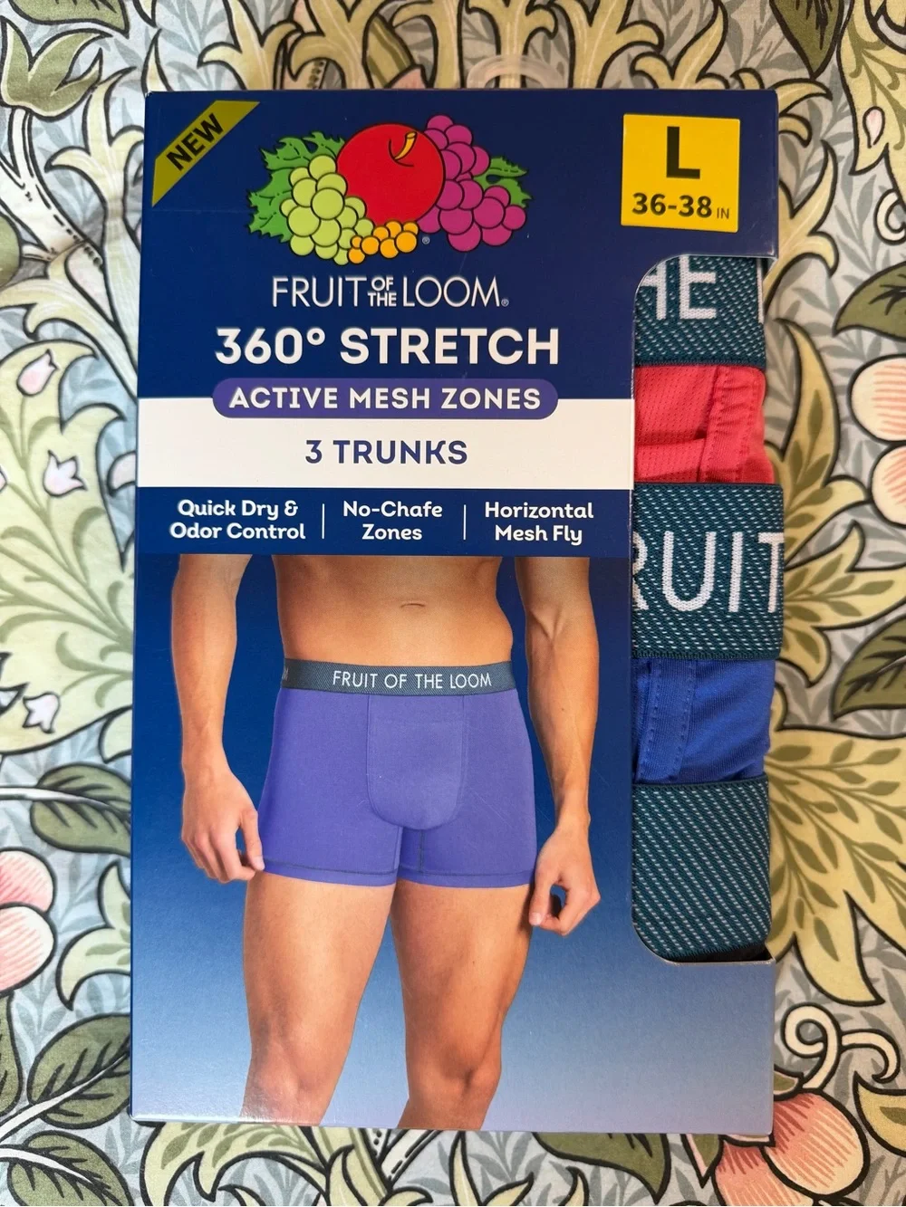 Fruit of the Loom 360° Stretch Men's Trunks - 3 Pack, Blue/Pink/Green, Large